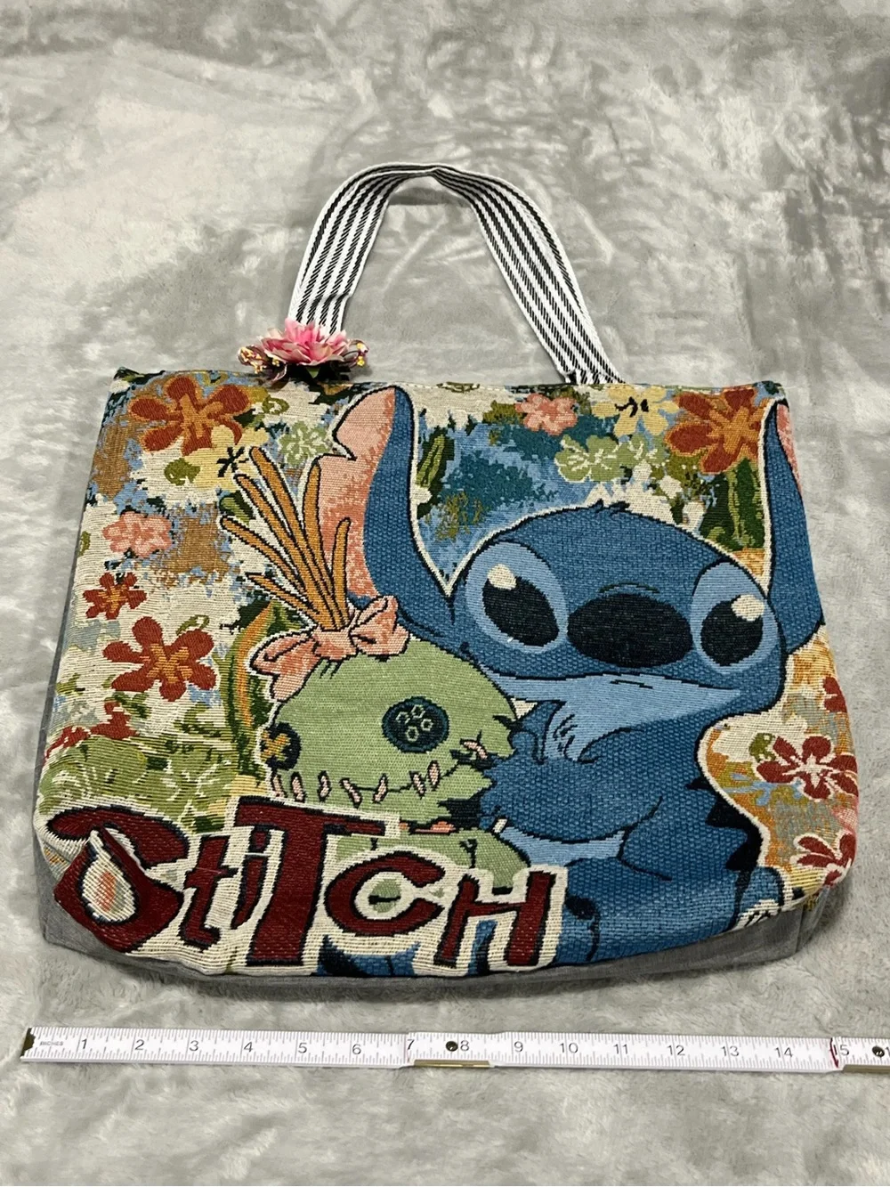 Disney Blue Stitch Floral Tote Bag with Striped Handles NWOT